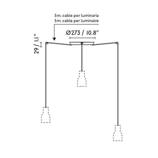 Plano con medidas de Lámpara Colgante Tatawin S 3L Azul Grisáceo FARO