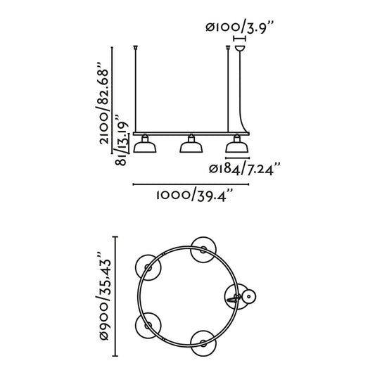 Plano con medidas de Lámpara Colgante Circular Tatawin 5L 90 cm Blanco Faro