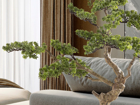 Bonsái / Sokan 81cm Set 2 - Doble Tronco, Plástico y Cerámica Natural Schuller instalada en ambiente decorativo de salón o dormitorio | Schuller