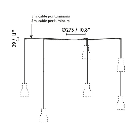 Plano con medidas de Lámpara Colgante Mine Space 5L Blanco Mate Nahtrang FARO · Ref. 28209-5L