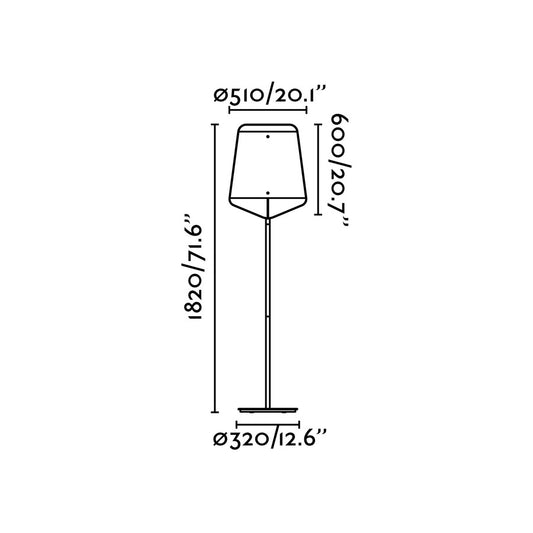 Plano con medidas de Lámpara de Pie STOOD 182 cm E27 LED 15W Negra y Cerezo FARO