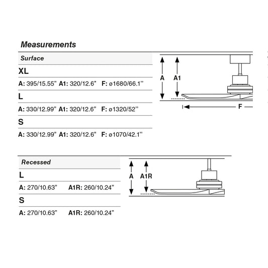 Plano con medidas de Ventilador de Techo Empotrado Lantau L 132 cm Nogal FARO · Ref. 33370DCR
