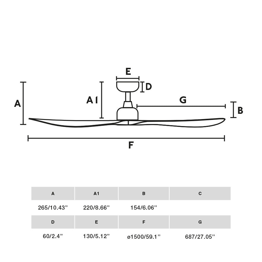Plano con medidas de Ventilador de Techo Outwood L 150 cm FARO - Marrón/Roble, Sin luz, Mando + Tuya (app y voz) · Ref. 34360WT