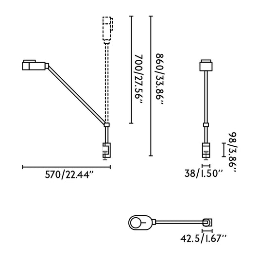 Plano con medidas de Lámpara Pinza INVITING Amarilla LED Regulable FARO · Ref. 57317