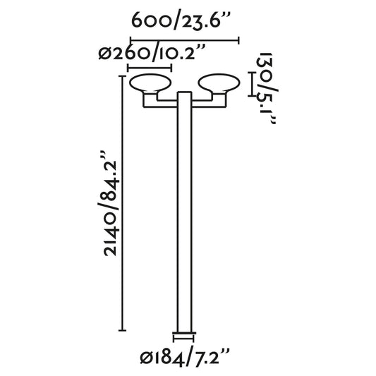 Plano con medidas de Farola de Exterior BLUBS 2L 214 cm E27 LED 15W Gris Oscuro FARO
