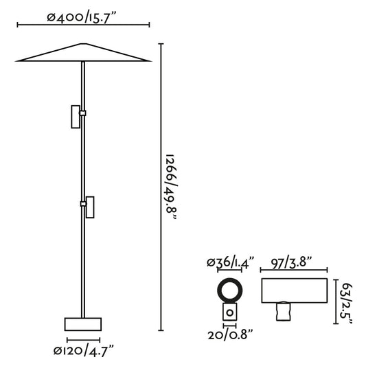 Plano con medidas de Baliza de Exterior CLAP 1266 127 cm 2x6W 3000K Negra Pantalla FARO