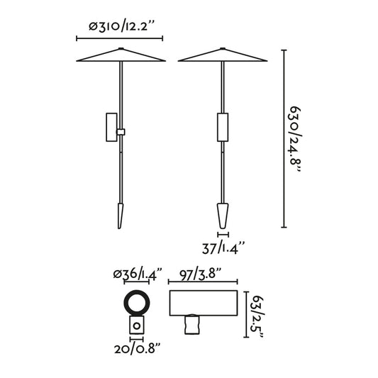 Plano con medidas de Proyector de Fijación a Árbol CLAP 630 Negro 6W 3000K FARO