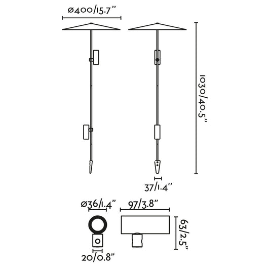 Plano con medidas de Estaca de Exterior CLAP 1030 103 cm 2x6W 3000K Negra con Pantalla FARO