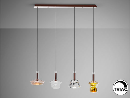 Lámpara Scarlet 4 luces Bronce SCHULLER - Detalle de la elegante lámpara de diseño moderno con tulipas de cristal en tonos cobre, transparente, plata y dorado. Ref. 403269.