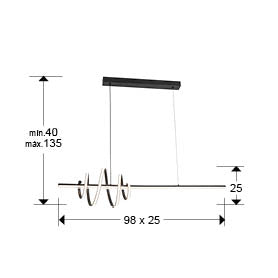 Medidas Lámpara Tornado Negra Schuller 693073: 98x25x25cm (ancho x alto x profundo), altura regulable 40-135cm. Diámetro florón: 45cm.