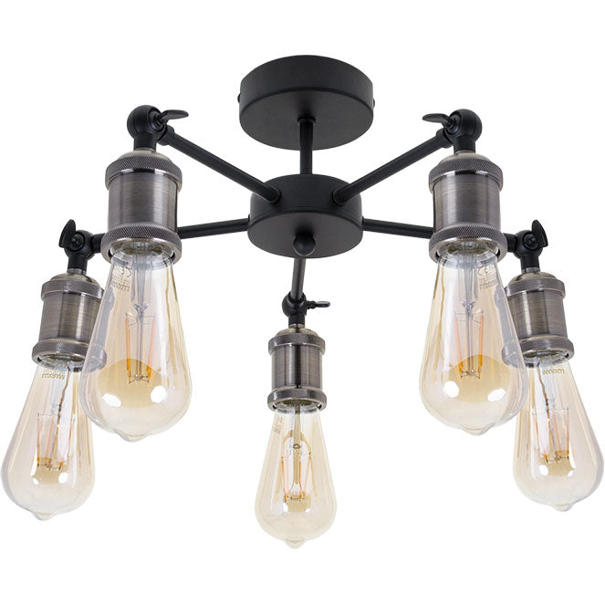 Plafón de Techo Vintage AKEMI 50 cm Negro y Cuero 5xE27 Interlusa - vista principal | Interlusa