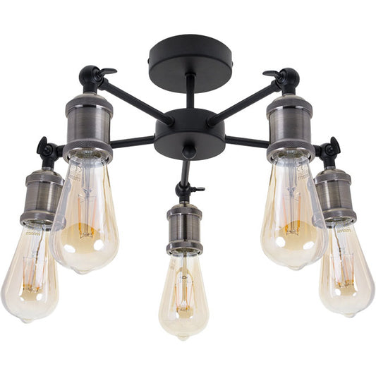 Plafón de Techo Vintage AKEMI 50 cm Negro y Cuero 5xE27 Interlusa - vista principal | Interlusa
