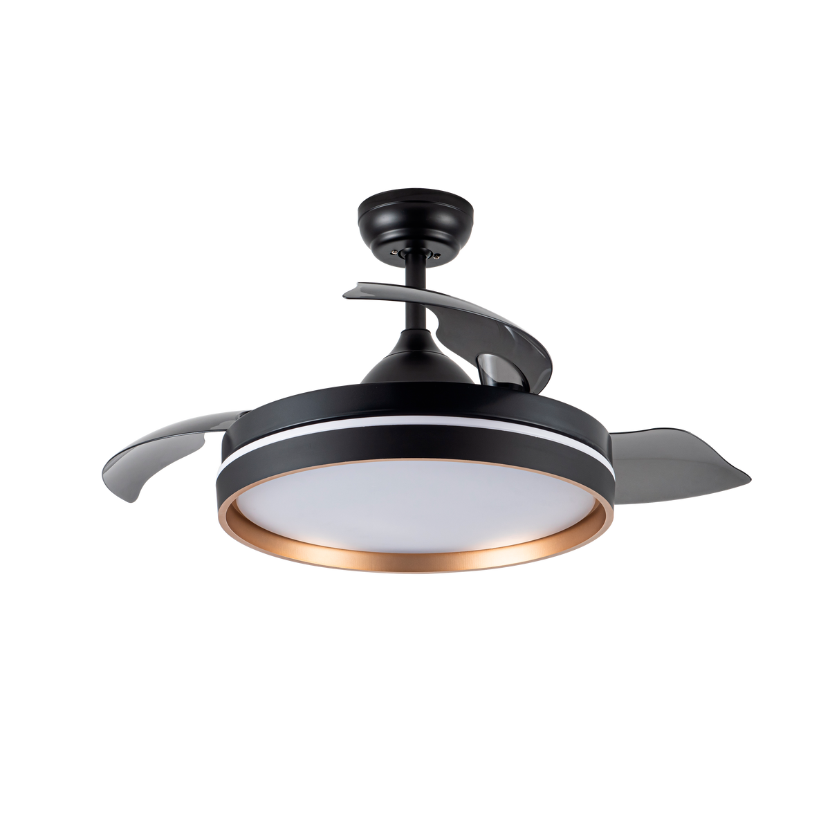 Ventilador de techo Nalon 72W negro y oro, vista general, 3 aspas plegables, lozguru.com