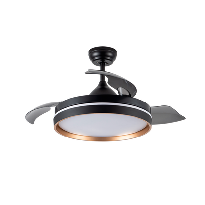 Ventilador de techo Nalon 72W negro y oro, vista general, 3 aspas plegables, lozguru.com