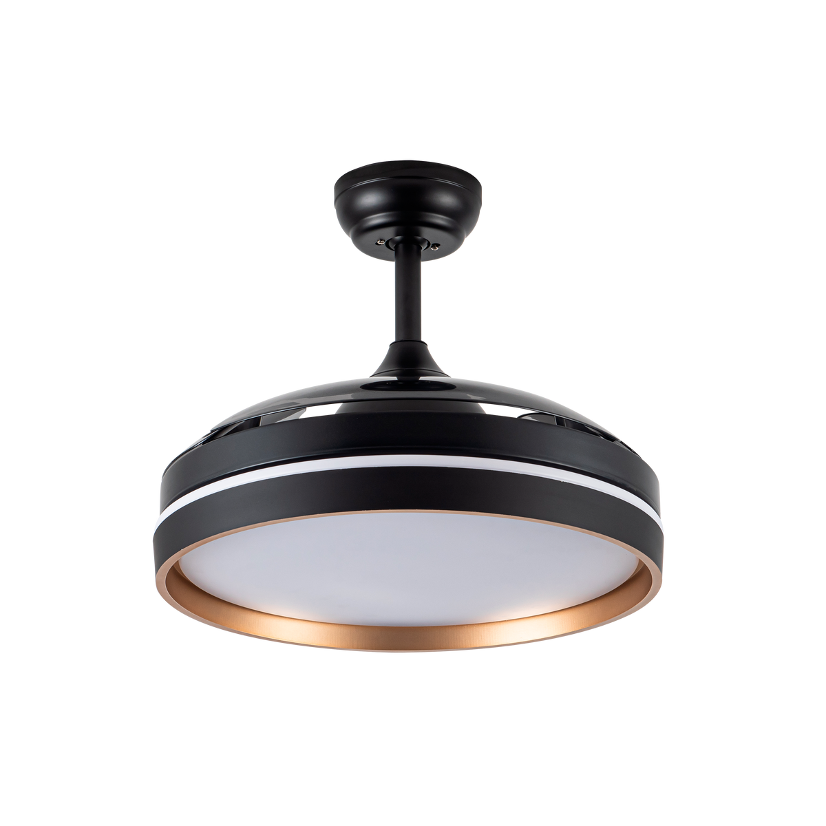 Ventilador de techo Nalon 72W negro y oro, vista general, 3 aspas plegables, lozguru.com