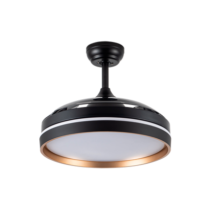 Ventilador de techo Nalon 72W negro y oro, vista general, 3 aspas plegables, lozguru.com