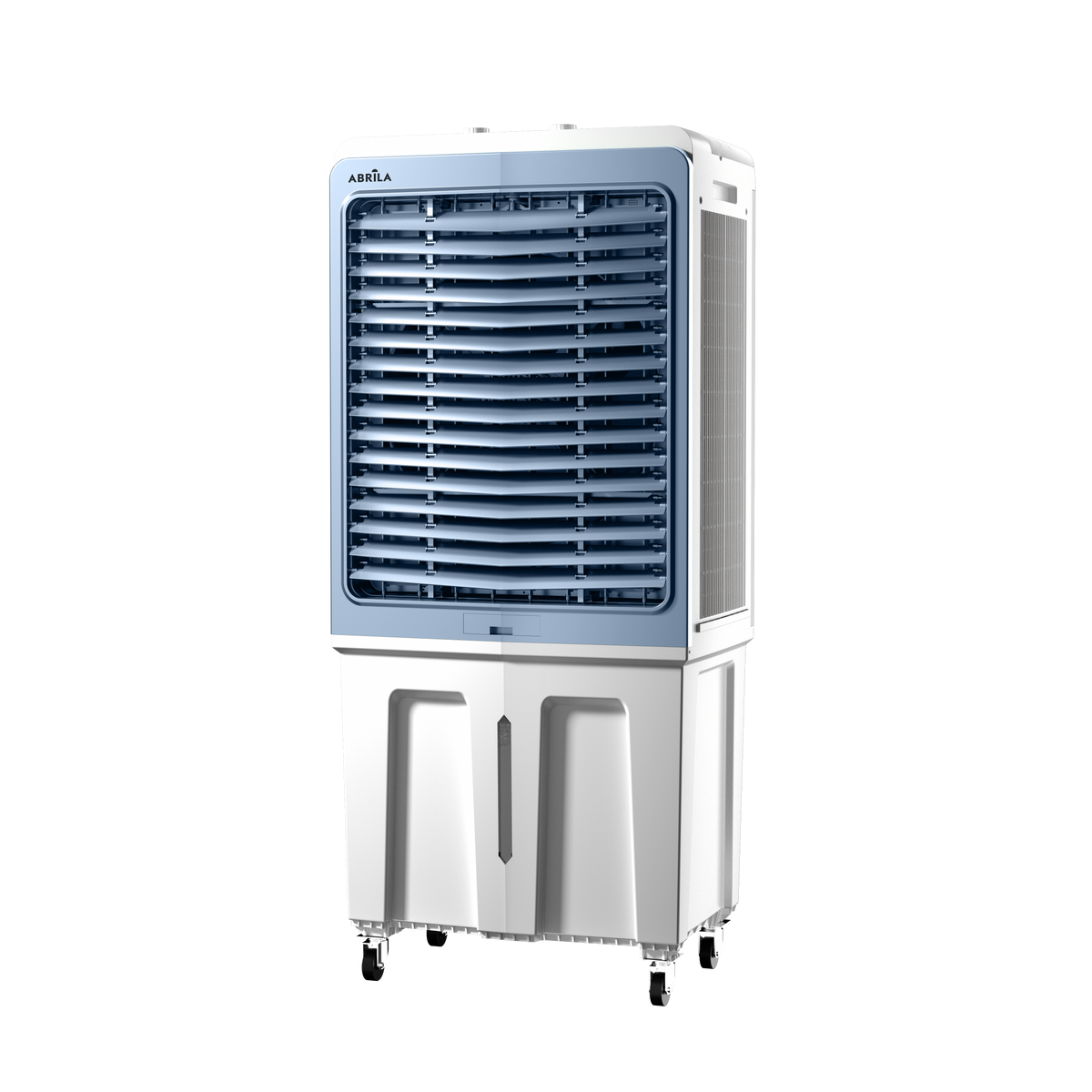 Climatizador Pilatus fabricado en metal color blanco y azul, ideal para interiores.
