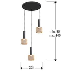 Plano con medidas de Lámpara Colgante LED Sincro 3L Negra y Oro Dimable Schuller