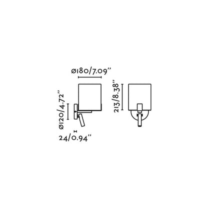 Plano con medidas de Aplique de Pared con Lector NILA Negro y Blanco Roto FARO