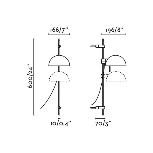 Plano con medidas de Aplique de Pared Móvil Matilda Blanco Faro Lab · Ref. 20508-136