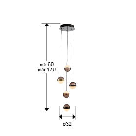 Plano con medidas de Lámpara Colgante LED Orbes 5 Luces 36W Negro y Cobre Schuller