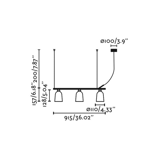Plano con medidas de Lámpara Colgante Lineal Studio 91,5 cm Negro Mate FARO