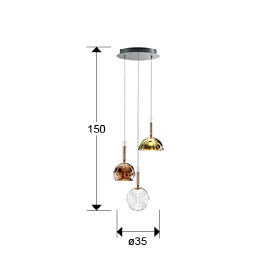Plano con medidas de Lámpara Colgante Charlize 3 Luces LED 18W Multicolor Schuller · Ref. 312011