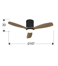 Plano con medidas de Ventilador de Techo con Luz Siroco LED Dimable Negro y Nogal Schuller