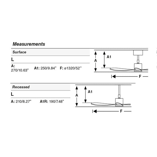 Plano con medidas de Ventilador de Techo Empotrado Amelia L Blanco Mate Motor DC Faro · Ref. 33760R