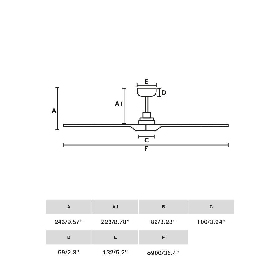 Plano con medidas de Ventilador de Techo Heywood S 90 cm Blanco y Pino FARO · Ref. 33805
