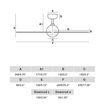 Plano con medidas de Ventilador de Techo Sfera S 90 cm FARO - Negro, Mando a distancia · Ref. 34271