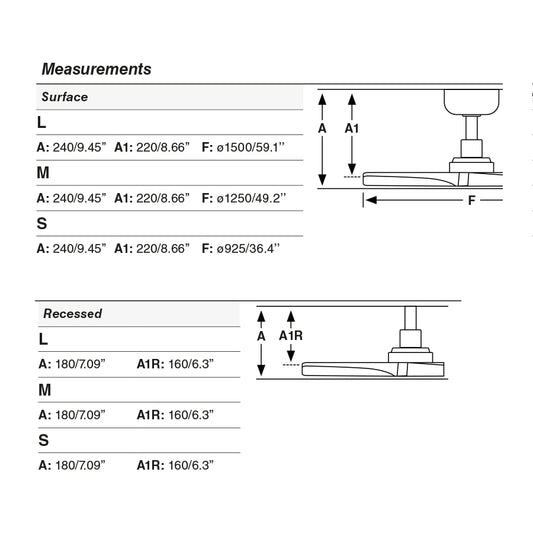 Plano con medidas de Ventilador de Techo Empotrado Klim M 125 cm Nogal Oscuro FARO · Ref. 34277R