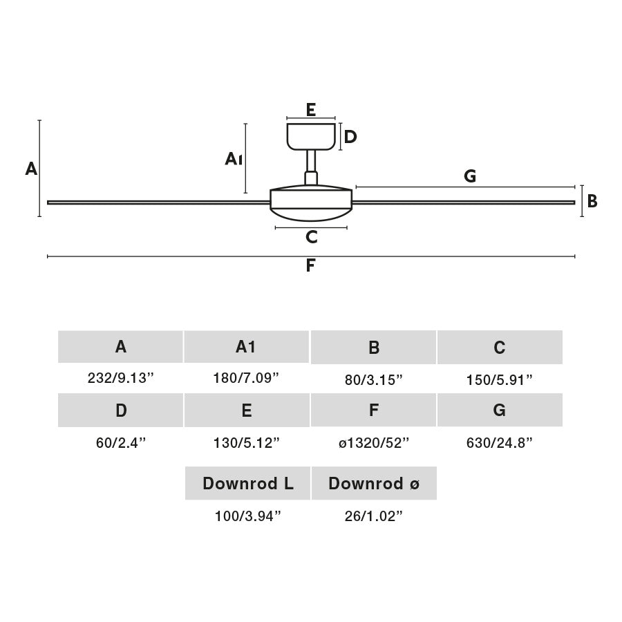 Plano con medidas de Ventilador de Techo Rudder L 132 cm 3 Palas FARO - Blanco/Fresno, Sin luz, Mando + Tuya (app y voz) · Ref. 34297WT