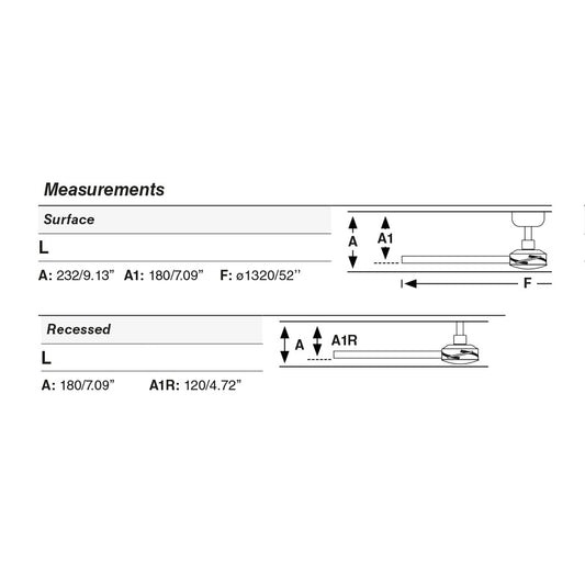 Plano con medidas de Ventilador de Techo Empotrado Rudder L 132 cm 4 Palas Fresno FARO · Ref. 34355R
