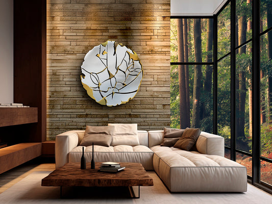 Escultura de Pared Fiorella 110 cm Acero Cromado y Dorado Schuller en ambiente decorado | Schuller