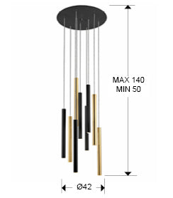 Plano con medidas de Lámpara Colgante Varas 9 Luces LED Dimable Oro y Negro Schuller · Ref. 373272D