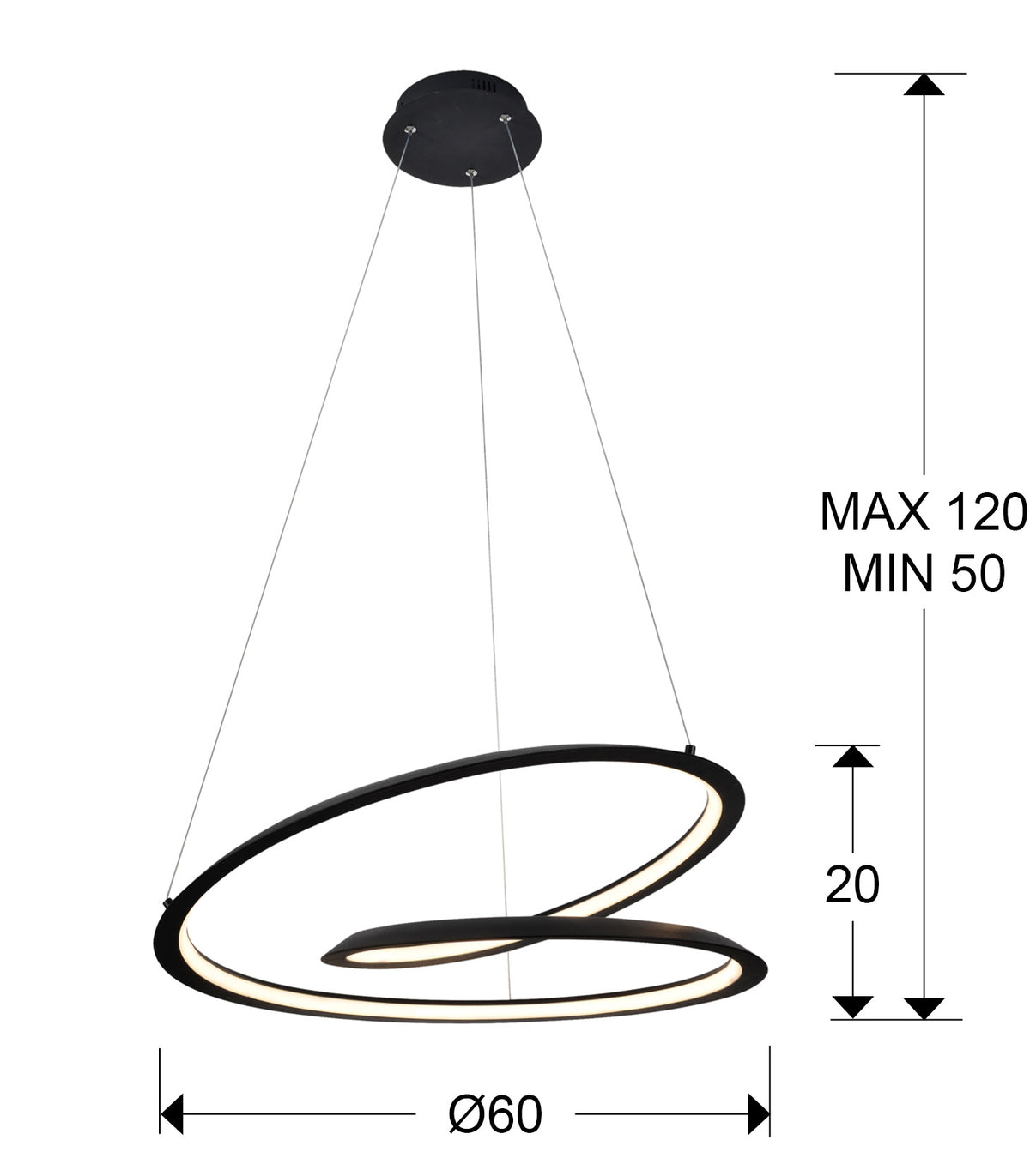 Plano con medidas de Lámpara Colgante LED Looping Ø60 cm Negro Mate Schuller · Ref. 527583