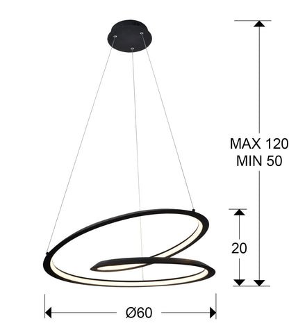 Plano con medidas de Lámpara Colgante LED Looping Ø60 cm Negro Mate Schuller · Ref. 527583