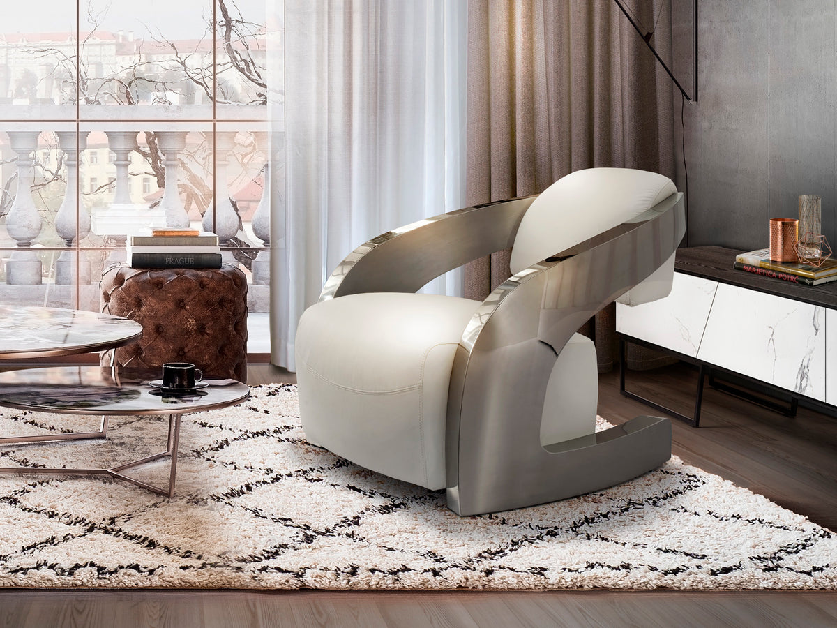 Sillón Tapizado Amanda Piel Italiana Blanca Acero Pulido Schuller en ambiente decorado | Schuller