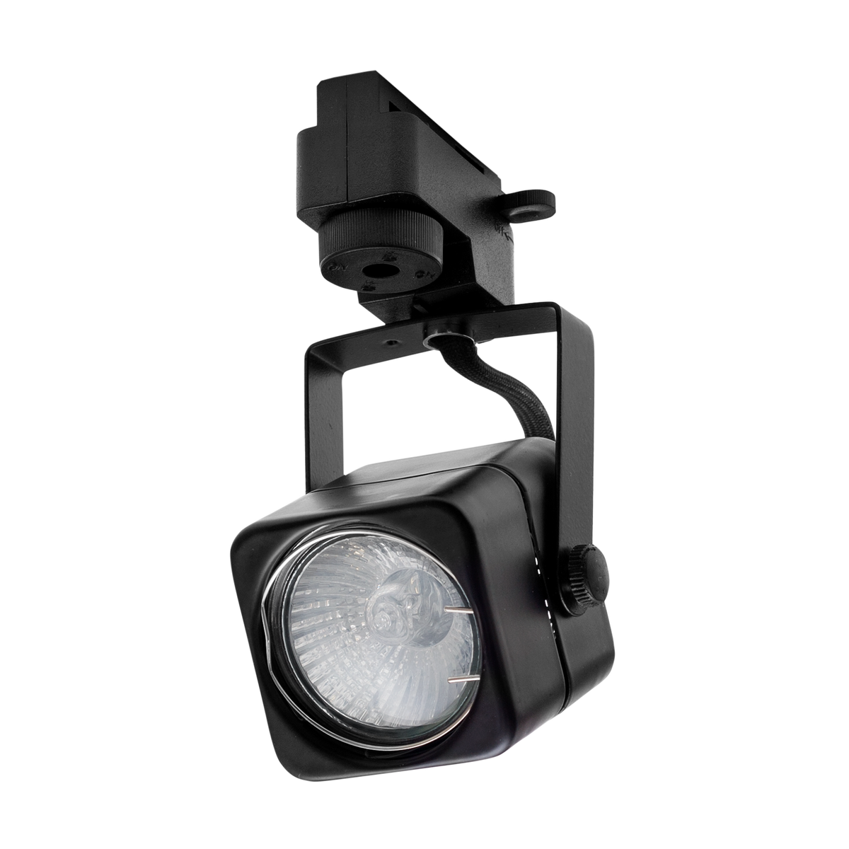 Foco de carril Ayrton negro GU10, vista frontal, Fabrilamp, lozguru.com