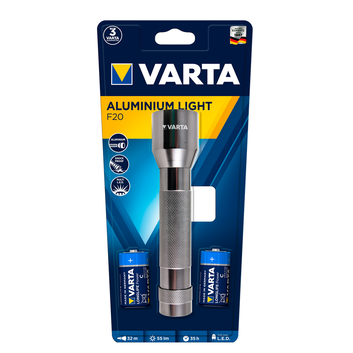 Linterna LED Varta de aluminio, vista frontal. Pilas incluidas. · Ref. LIN16628101421