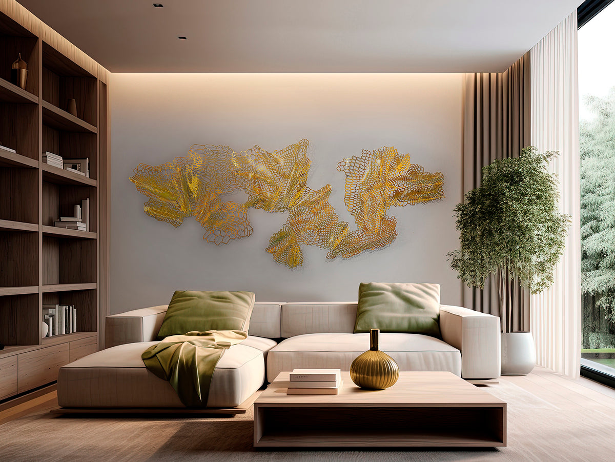 Escultura de Pared Drako 220x90 cm Acero Dorado Brillante Schuller en ambiente decorado | Schuller