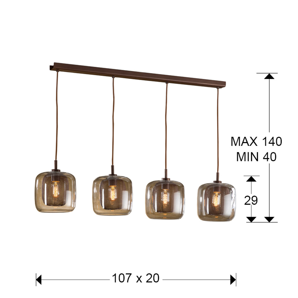 Plano con medidas de Lámpara Colgante Fox 4 Luces Chocolate Metal y Cristal Schuller · Ref. 653422