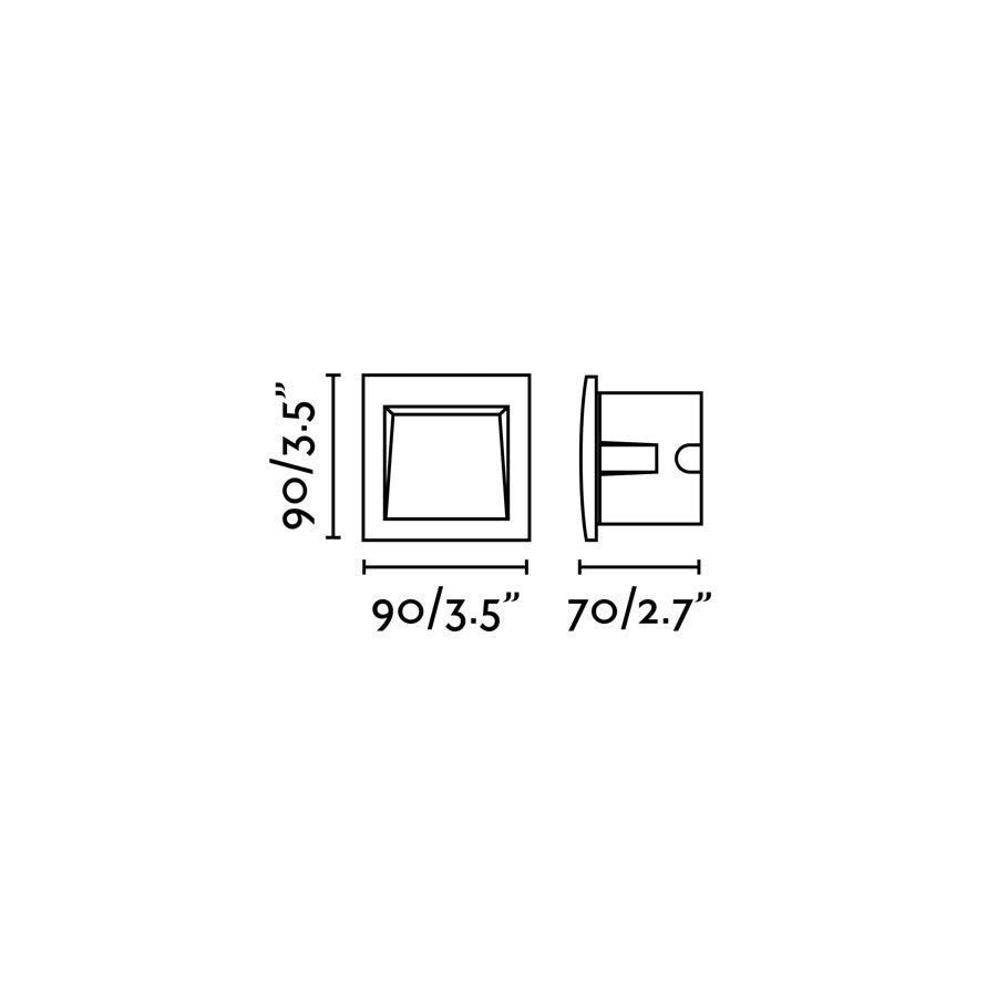 Plano con medidas de Empotrable de Pared Exterior LED Sedna SQ Gris Oscuro Faro - 9 cm · Ref. 70146