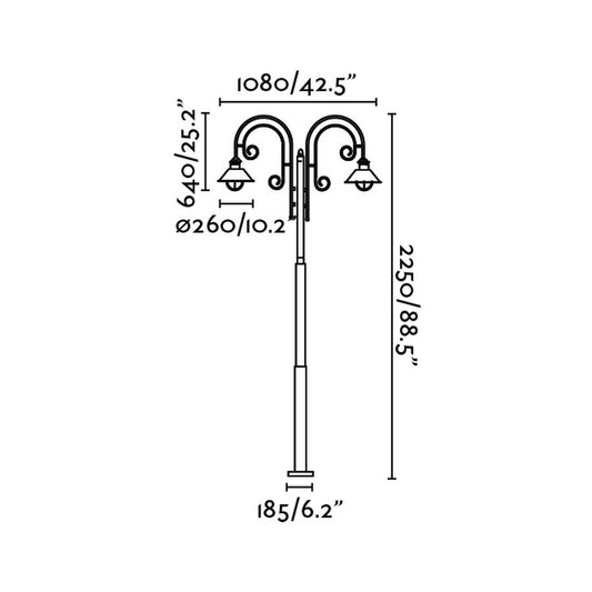 Plano con medidas de Farola de Exterior NÁUTICA 2L 225 cm E27 15W Marrón Óxido FARO