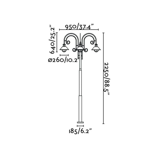 Plano con medidas de Farola de Exterior NÁUTICA 3L 225 cm E27 15W Marrón Óxido FARO