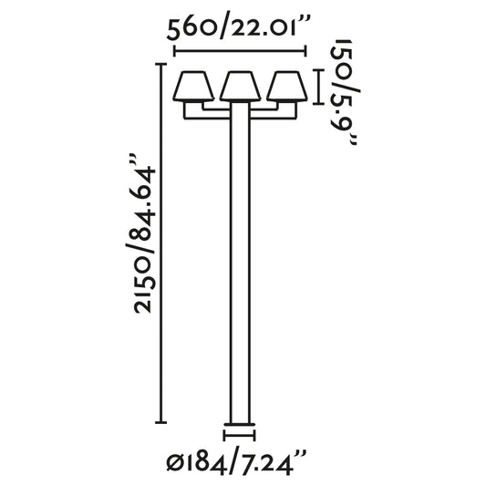 Plano con medidas de Farola de Exterior MISTU 3L 215 cm E27 LED 15W Gris Oscuro FARO