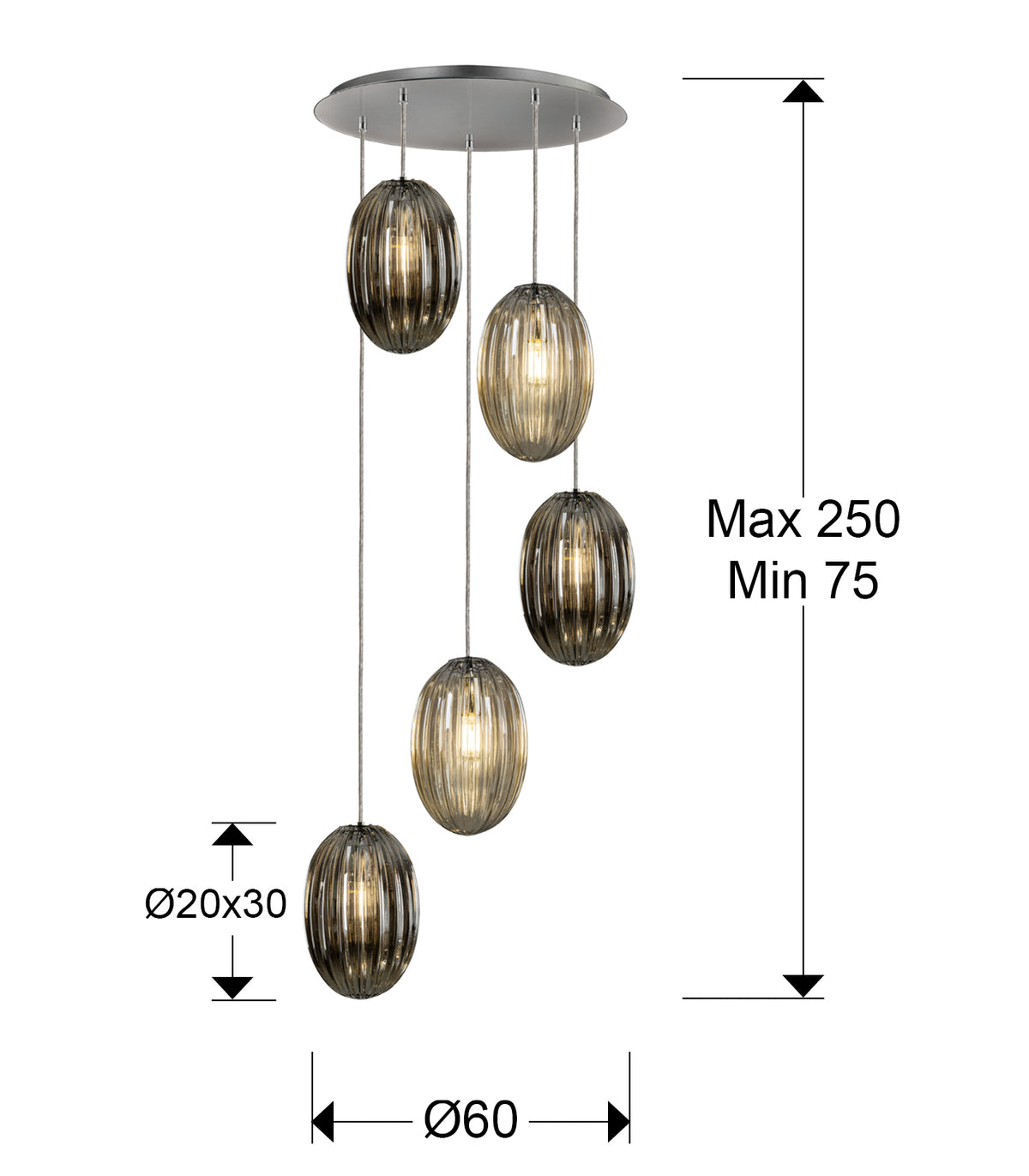 Plano con medidas de Lámpara Colgante Ovila 5 Luces Cristal Coñac y Smoke Schuller · Ref. 752268