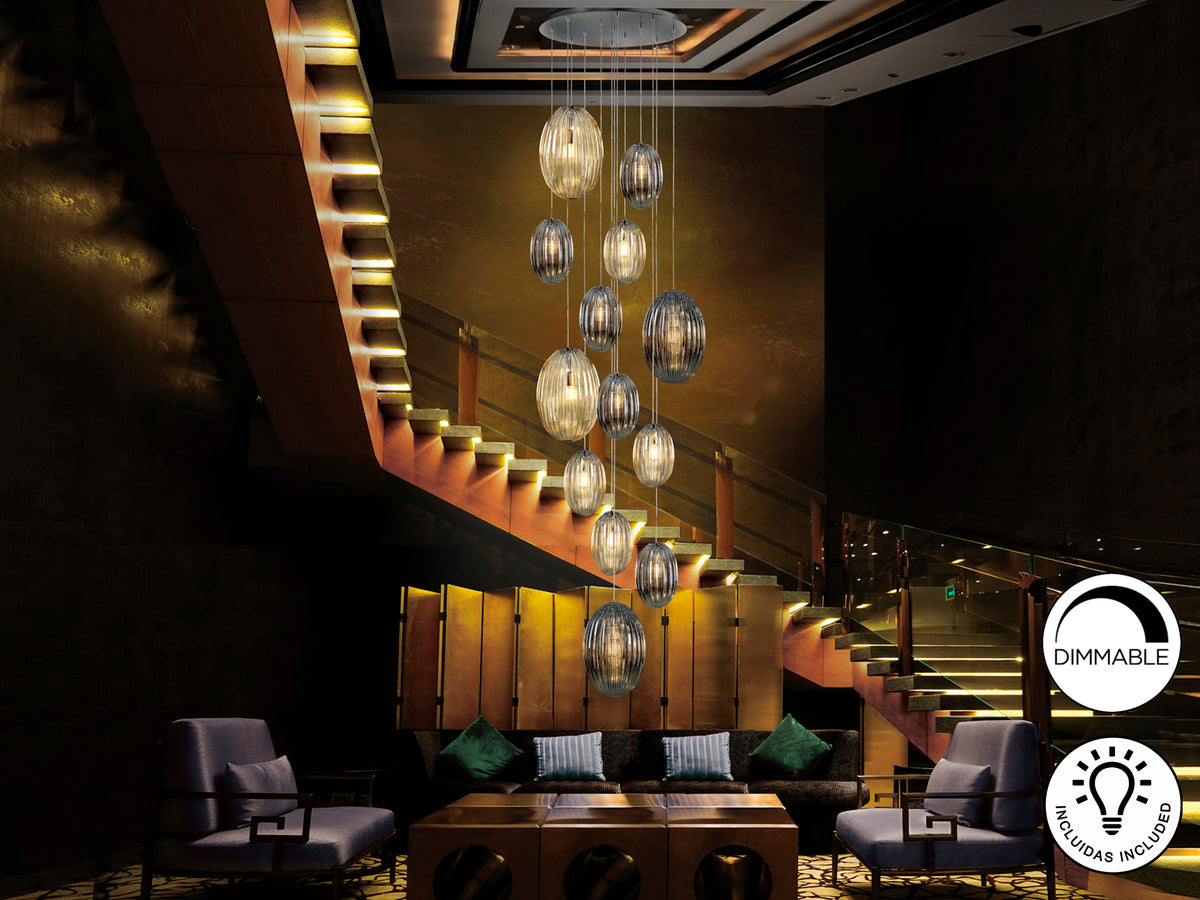 Lámpara Colgante Ovila 13 Luces Cristal Coñac y Smoke Schuller en ambiente decorado | Schuller