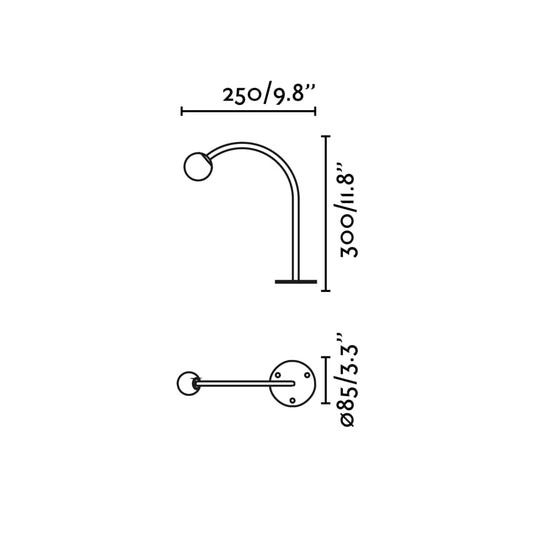 Plano con medidas de Baliza de Exterior CUCA 300 Negra 24V Acero Inoxidable Faro · Ref. 75580
